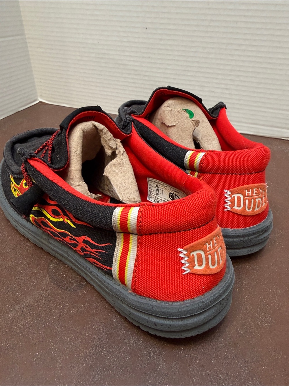 Hey Dude Wally Hot Wheels Kids' Red & Black Flame Slip-On Shoes, youth 7